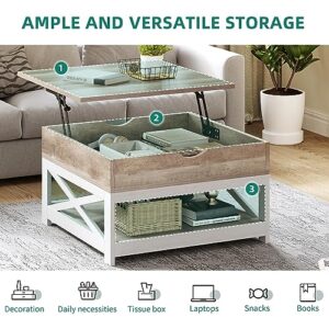 YITAHOME Lift Top Coffee Table, Square Farmhouse Coffee Table, Coffee Table with Double Storage, Rustic Wood Center Table for Living Room,Grey Wash