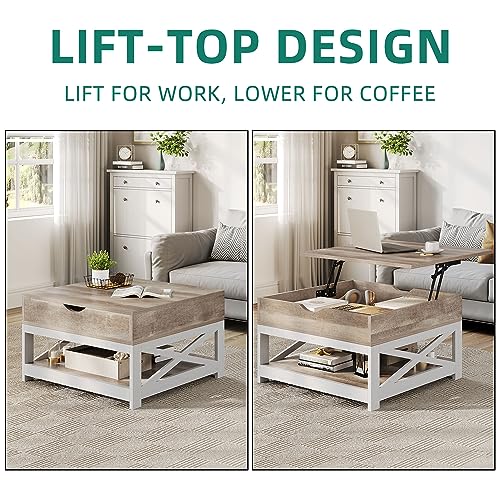 YITAHOME Lift Top Coffee Table, Square Farmhouse Coffee Table, Coffee Table with Double Storage, Rustic Wood Center Table for Living Room,Grey Wash