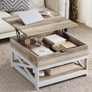 YITAHOME Lift Top Coffee Table, Square Farmhouse Coffee Table, Coffee Table with Double Storage, Rustic Wood Center Table for Living Room,Grey Wash