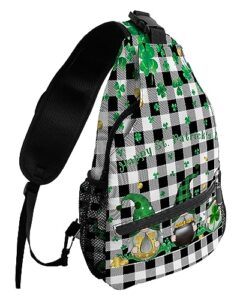 sling backpack, st.patrick's day shamrocks gnome black and white buffalo plaid waterproof lightweight small sling bag, travel chest bag crossbody shoulder bag hiking daypack for women men