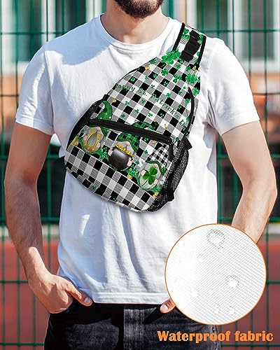 Sling Backpack, St.Patrick's Day Shamrocks Gnome Black and White Buffalo Plaid Waterproof Lightweight Small Sling Bag, Travel Chest Bag Crossbody Shoulder Bag Hiking Daypack for Women Men