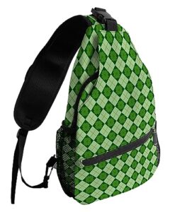 sling backpack, st. patrick's day shamrock green diamond lattice waterproof lightweight small sling bag, travel chest bag crossbody shoulder bag hiking daypack for women men