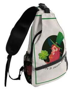 sling backpack, st.patrick's day shamrocks gnome black green border linen waterproof lightweight small sling bag, travel chest bag crossbody shoulder bag hiking daypack for women men