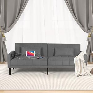 TYBOATLE 82” Modern Upholstered Convertible Folding Futon Sofa Bed, Sleeper Bed Couch w/USB Charging Ports and Pillows, Tufted 3 Seat Loveseat Sofas for Living Room, Apartment, Bedroom (Grey)