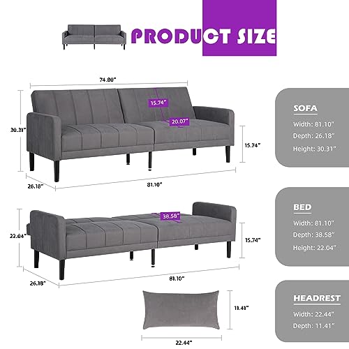 TYBOATLE 82” Modern Upholstered Convertible Folding Futon Sofa Bed, Sleeper Bed Couch w/USB Charging Ports and Pillows, Tufted 3 Seat Loveseat Sofas for Living Room, Apartment, Bedroom (Grey)