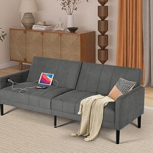 TYBOATLE 82” Modern Upholstered Convertible Folding Futon Sofa Bed, Sleeper Bed Couch w/USB Charging Ports and Pillows, Tufted 3 Seat Loveseat Sofas for Living Room, Apartment, Bedroom (Grey)
