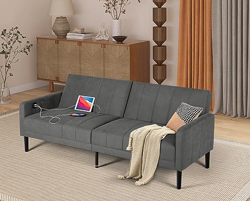 TYBOATLE 82” Modern Upholstered Convertible Folding Futon Sofa Bed, Sleeper Bed Couch w/USB Charging Ports and Pillows, Tufted 3 Seat Loveseat Sofas for Living Room, Apartment, Bedroom (Grey)