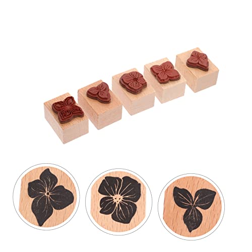 SEWACC 5pcs Seal Wooden Crafts Vintage Stamps Hand Decor Cards Making Retro Plant Wood Rubber Stamp Flower Design Stamps Diary Stamp Decorative Journal Stamp Magazine Old Fashioned Craft