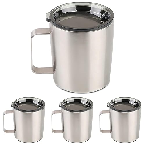 12 oz Insulated Coffee Mug with Lid, Stainless Steel, Double Wall Vacuum Insulated Travel Mug Coffee Cup with Handle, Stainless Steel/Silver (803-019) (Pack of 4)