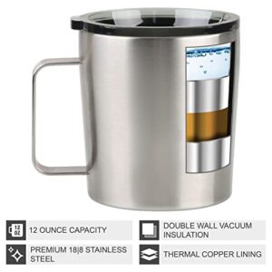 12 oz Insulated Coffee Mug with Lid, Stainless Steel, Double Wall Vacuum Insulated Travel Mug Coffee Cup with Handle, Stainless Steel/Silver (803-019) (Pack of 4)