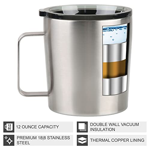 12 oz Insulated Coffee Mug with Lid, Stainless Steel, Double Wall Vacuum Insulated Travel Mug Coffee Cup with Handle, Stainless Steel/Silver (803-019) (Pack of 4)