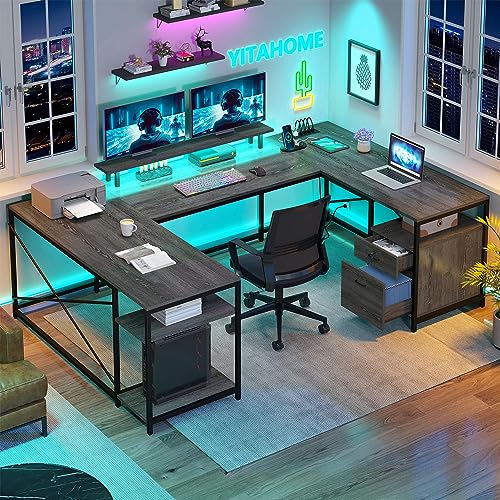 YITAHOME U Shaped Desk with Power Outlets & LED Lights, Reversible Computer Desk L Shaped Desk with Drawers, Large Corner Office Desk with Monitor Stand & Storage Shelves, 2 Person Desk, Grey