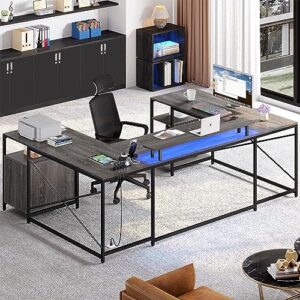 YITAHOME U Shaped Desk with Power Outlets & LED Lights, Reversible Computer Desk L Shaped Desk with Drawers, Large Corner Office Desk with Monitor Stand & Storage Shelves, 2 Person Desk, Grey