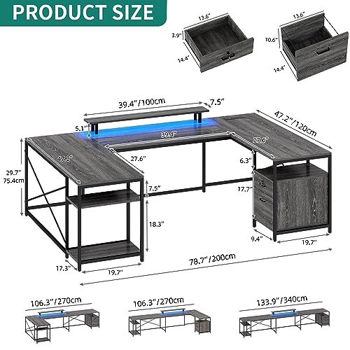 YITAHOME U Shaped Desk with Power Outlets & LED Lights, Reversible Computer Desk L Shaped Desk with Drawers, Large Corner Office Desk with Monitor Stand & Storage Shelves, 2 Person Desk, Grey