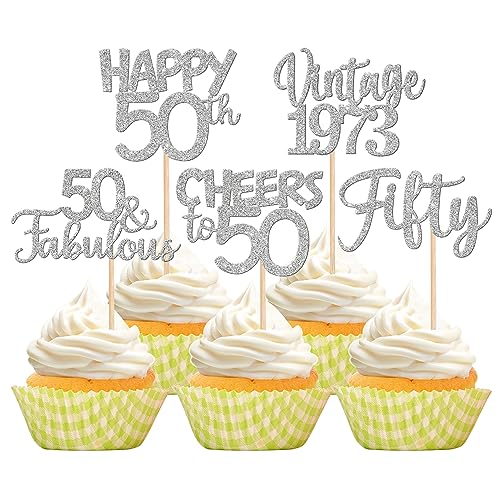 30PCS Happy 50th Birthday Cupcake Toppers Glitter Fifty Vintage 1973 Cupcake Picks Cheers to 50 Fabulous Cake Decorations for 50th Birthday Wedding Anniversary Party Supplies Silver