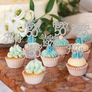 30PCS Happy 50th Birthday Cupcake Toppers Glitter Fifty Vintage 1973 Cupcake Picks Cheers to 50 Fabulous Cake Decorations for 50th Birthday Wedding Anniversary Party Supplies Silver