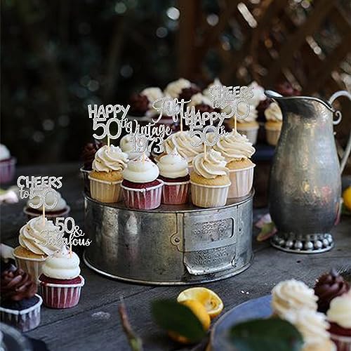 30PCS Happy 50th Birthday Cupcake Toppers Glitter Fifty Vintage 1973 Cupcake Picks Cheers to 50 Fabulous Cake Decorations for 50th Birthday Wedding Anniversary Party Supplies Silver