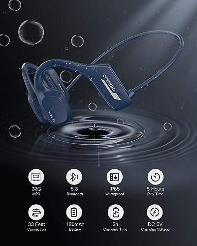 Guudsoud Swimming Headphones,Bone Conduction Headphones Bluetooth 5.3,IP68 Waterproof Headphones Sport Earphones with MP3 Player 32G Memory,Wireless Open Ear Underwater Earbuds for Running,Cycling