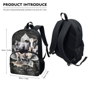 Rivatimrio Mandala Lotus Cow School Backpack Kids Aesthetic Floral Animals Bookbag Waterproof Bottle Holder Daypack Supplies for Boys Girls Teens Rucksack Black White