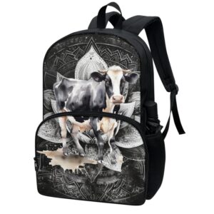 Rivatimrio Mandala Lotus Cow School Backpack Kids Aesthetic Floral Animals Bookbag Waterproof Bottle Holder Daypack Supplies for Boys Girls Teens Rucksack Black White