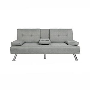 verfur modern futon sofa bed-compact design for small spaces-comfort convertible sleeper loveseat couch with for premium fabric sofabed, light grey w/ 2 cupholders and removable pillow top armrest