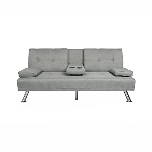 Verfur Modern Futon Sofa Bed-Compact Design for Small Spaces-Comfort Convertible Sleeper Loveseat Couch with for Premium Fabric Sofabed, Light Grey w/ 2 Cupholders and Removable Pillow Top Armrest