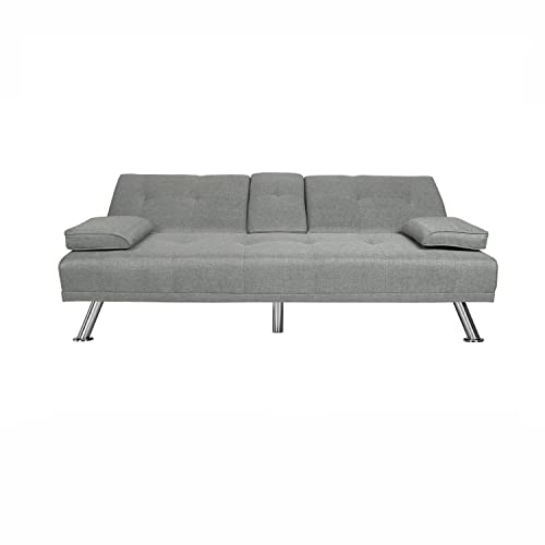 Verfur Modern Futon Sofa Bed-Compact Design for Small Spaces-Comfort Convertible Sleeper Loveseat Couch with for Premium Fabric Sofabed, Light Grey w/ 2 Cupholders and Removable Pillow Top Armrest