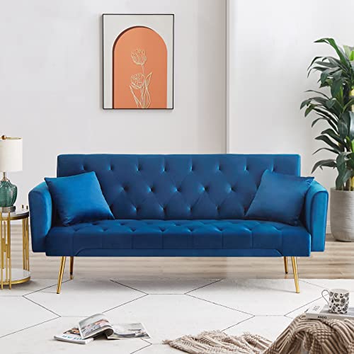 Verfur Modern Futon Sofa Bed-Compact Design for Small Spaces-Comfort Convertible Sleeper Loveseat Couch with for Premium Fabric Sofabed, Blue