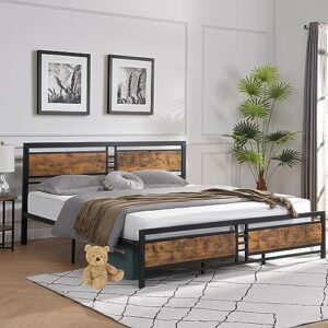 anwicknomo queen size metal platform bed frame with wooden headboard and footboard, heavy duty rustic country style mattress foundation with strong slat support, no box spring needed, noise-free