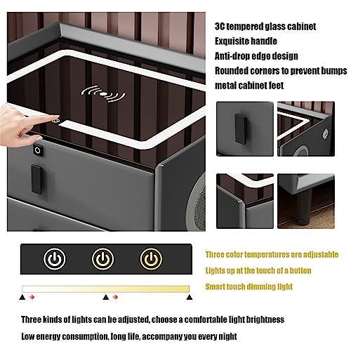 WLYMQFC Nightstand with Wireless Charging Station and 2 USB Port, Bedroom Side Table with Speakers, LED Light and Fingerprint Lock,Smart Nightstand 2/3 Drawer, Bedside Cabinet,smart table,Coffee Table