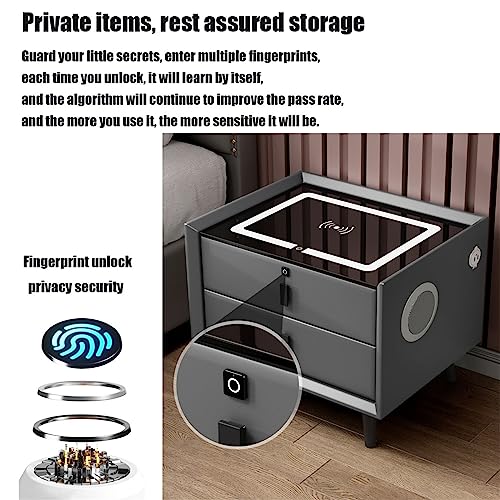 WLYMQFC Nightstand with Wireless Charging Station and 2 USB Port, Bedroom Side Table with Speakers, LED Light and Fingerprint Lock,Smart Nightstand 2/3 Drawer, Bedside Cabinet,smart table,Coffee Table