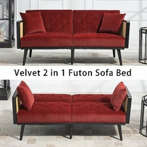 Velvet 2 in 1 Futon Sofa Bed,61" Adjustable Couch Sleeper,Modern Upholstered Loveseat with 2 Pillows,Convertible Folding Fabric Small Love Seat for Living Room Apartment Small Space (Red)