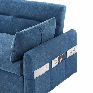 Eafurn Futon Loveseat Couch with Pull Out Bed,3-in-1 Upholstery Convertible Sleeper Sofa Reclining Chaise Lounge with Adjustable Backrest, Sofacama Sofabed, Blue w/ 6 Side Pockets and 2 Pillows