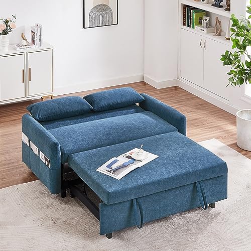 Eafurn Futon Loveseat Couch with Pull Out Bed,3-in-1 Upholstery Convertible Sleeper Sofa Reclining Chaise Lounge with Adjustable Backrest, Sofacama Sofabed, Blue w/ 6 Side Pockets and 2 Pillows