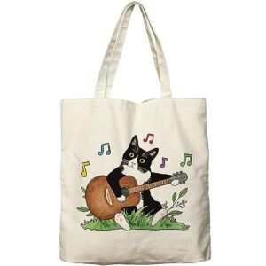 dlzdn music cat canvas tote bag for women aesthetic funny cute tuxedo cat playing guitar tote bag shopping grocery bag beach bag gifts for women teacher bag reusable grocery bag