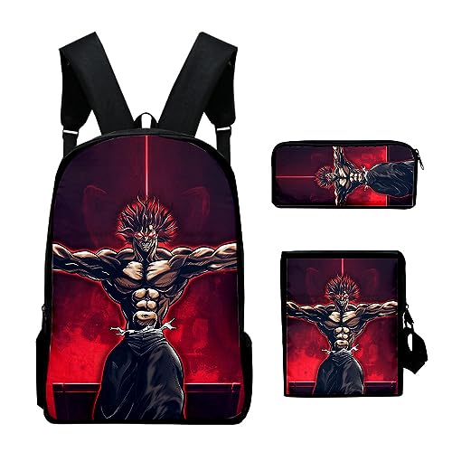 Hanma Baki Anime Backpack Three Piece Set Women Men 3D Printing Shoulders Bag Fashion Daypack Travel Bags (G)