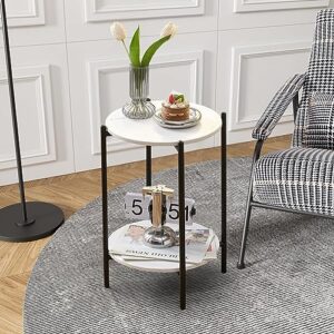 wiyoskeey small round tables for small spaces, faux marble side table round, white marble small coffee table, 2-tier end table with open storage shelf for living room, nightstand for bedroom