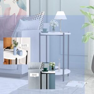 Wiyoskeey Small Round Tables for Small Spaces, Faux Marble Side Table Round, White Marble Small Coffee Table, 2-Tier End Table with Open Storage Shelf for Living Room, Nightstand for Bedroom