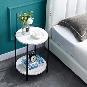 Wiyoskeey Small Round Tables for Small Spaces, Faux Marble Side Table Round, White Marble Small Coffee Table, 2-Tier End Table with Open Storage Shelf for Living Room, Nightstand for Bedroom