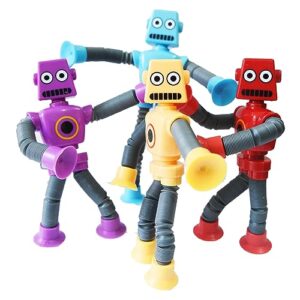 bendable robot figures, set of 4 flexible men, telescopic suction cup robot toy, telescopic pop tubes, fidget tubes sensory toys for girls boys