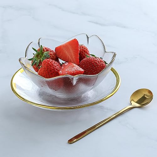 QHYFFS Cherry Blossoms Glass Bowl With Round Plate, Lovely Dessert Bowl 250ml Soup Bowl With Spoon Fruit Salad Bowl For Cocktail,Trifle,Pudding,Christmas Holiday Party