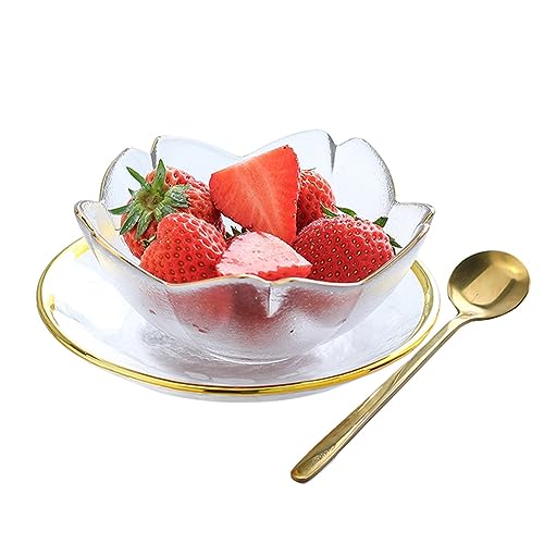 QHYFFS Cherry Blossoms Glass Bowl With Round Plate, Lovely Dessert Bowl 250ml Soup Bowl With Spoon Fruit Salad Bowl For Cocktail,Trifle,Pudding,Christmas Holiday Party