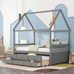 biadnbz full size house bed frame with trundle, storage drawers and roof for kids girls boys bedroom, gray