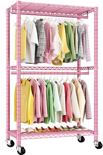 Raybee Clothing Rack Heavy Duty Clothes Rack 79" H Clothes Racks for Hanging Clothes Rolling Clothes Rack Adjustable Clothing Rack with Wheels Wire Garment Rack 79" H X35.5 W X15.7 D, Pink