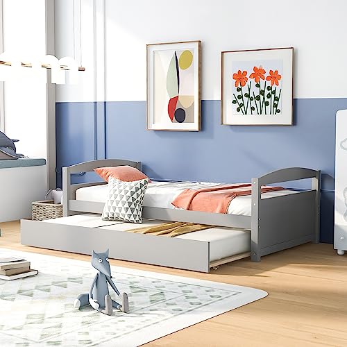 Harper & Bright Designs Twin Daybed with Trundle, Solid Wood Bed Twin Size Bed Sofa Platform Bed Frame, No Box Spring Needed (Twin Size, Gray)