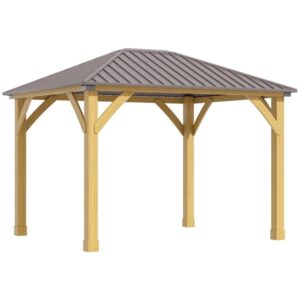 10x12 FT Modern Patio Pavilion Grill Gazebo, Permanent Metal Roof Waterproof Pergola, Galvanized Steel Gazebo with Wooden Frame for Garden Patio Backyard Party Deck Lawn