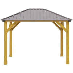 10x12 FT Modern Patio Pavilion Grill Gazebo, Permanent Metal Roof Waterproof Pergola, Galvanized Steel Gazebo with Wooden Frame for Garden Patio Backyard Party Deck Lawn