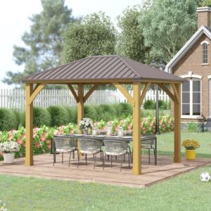 10x12 FT Modern Patio Pavilion Grill Gazebo, Permanent Metal Roof Waterproof Pergola, Galvanized Steel Gazebo with Wooden Frame for Garden Patio Backyard Party Deck Lawn