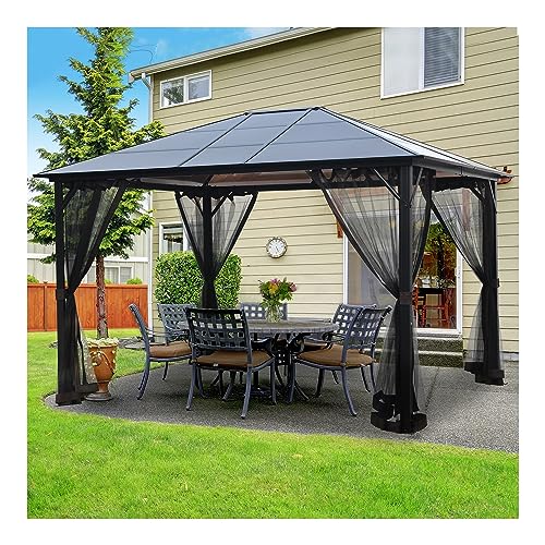 12' x 10' Hardtop Gazebo, Galvanized Steel Patio Double Roof Aluminum Gazebo with Curtains and Netting, Metal Permanent Pavilion Outdoor Gazebos for Porch Party, Garden, Grill Gazebo