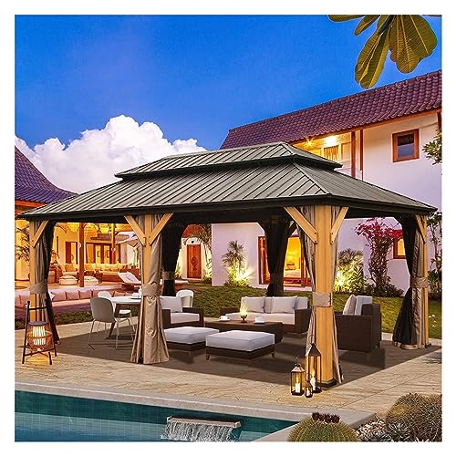 12'x20' Hardtop Gazebo, Galvanized Steel Patio Double Roof Aluminum Gazebo with Curtains and Netting, Metal Permanent Pavilion Outdoor Gazebos for Porch Party, Garden, Grill Gazebo